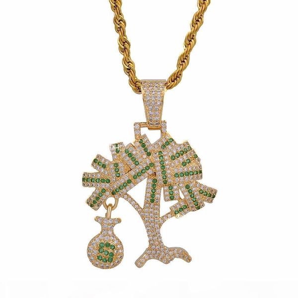 

hip hop gold silver color cubic zircon us dollar money tree pendant necklace for men iced out bling jewelry gifts