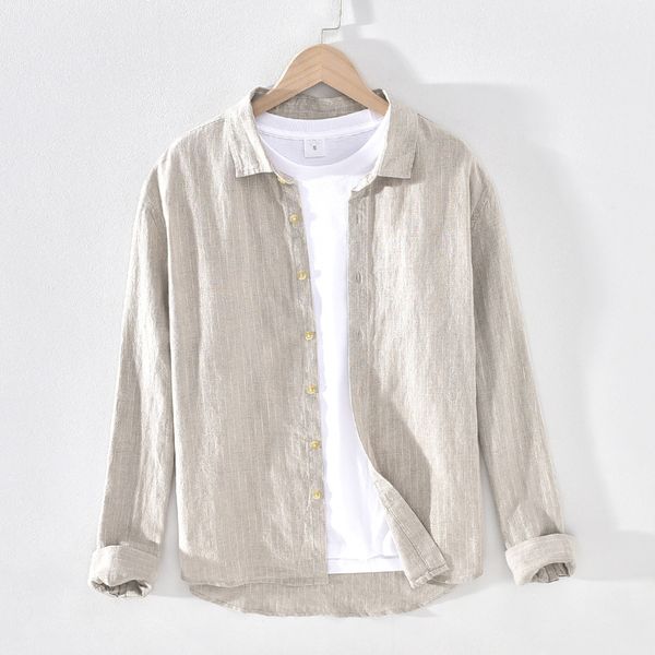 

spring autumn fashion japan style simple minimalist long sleeve solid color lapel collar linen shirts business casual male, White;black