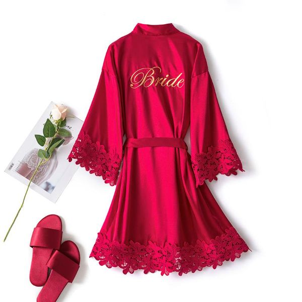 

satin embroidery letter robe 2020 new lace bathrobe women lingerie bride bridesmaid wedding nightwear kimono gown home clothes, Black;red
