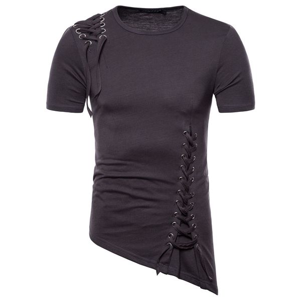 

mens fashion designer tshirts casual slim short sleeve summer t-shirt unique irregular hem braided rope slid, White;black