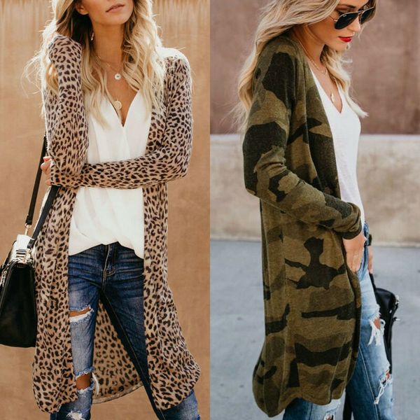 

women spring autumn loose cardigan fashion leopard camouflage print casual long coat female outwear, White