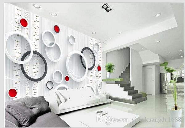 Nuovo arrivato 3D Wallpapers Phantom Circle Birch Bianco e Nero Rosso Moderno semplice TV parete di fondo sfondi 3d