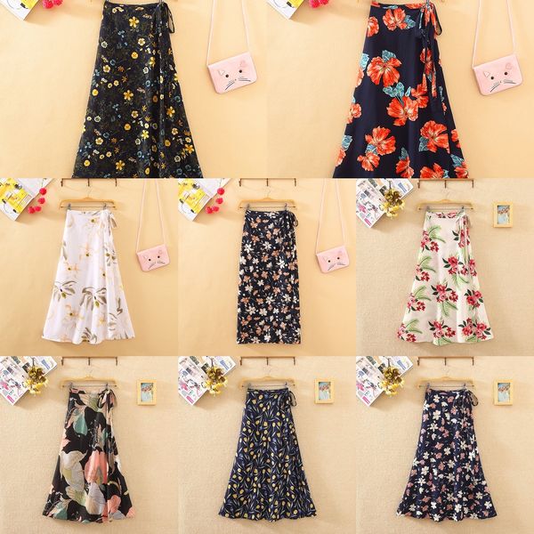 

one-piece lace-up women's summer high waist long beach slim beach chiffon floral skirt bohemian long skirt, Black