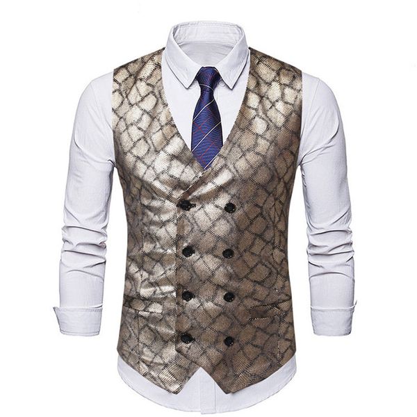 

mens double breasted vest dress vest 2020 shiny plaid foil print dj club slim fit velvet suit waistcoat men gilet costume, Black;white