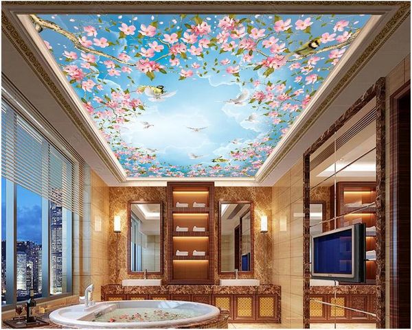 

3d ceiling murals wallpaper custom p blue sky white clouds flowers and birds cherry blossom zenith mural background furniture wallpaer