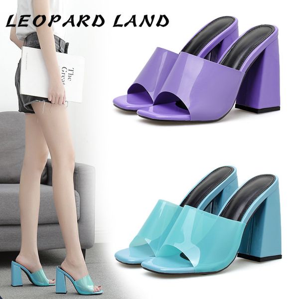

sandals leopard land 2021 large size net chunky high heel square heels slipper cwf, Black