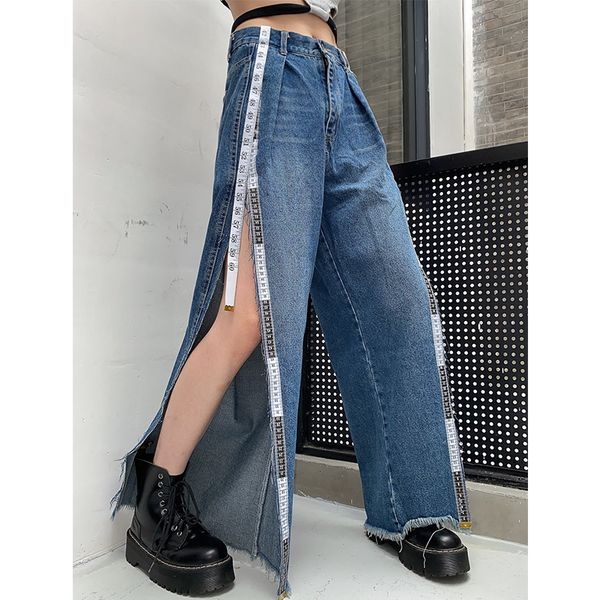 

split jeans women's loose straight tube with measuring ruler retro hong kong style versatile high waist and wide leg jean, Blue