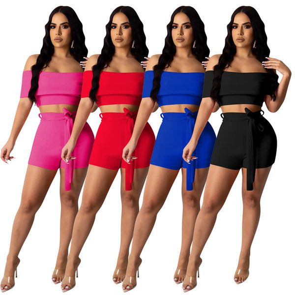 

wrapped chest club womens tracksuits skinny solid color summer womens designer 2pcs off shoulder with shorts ladies two piece outfits, White