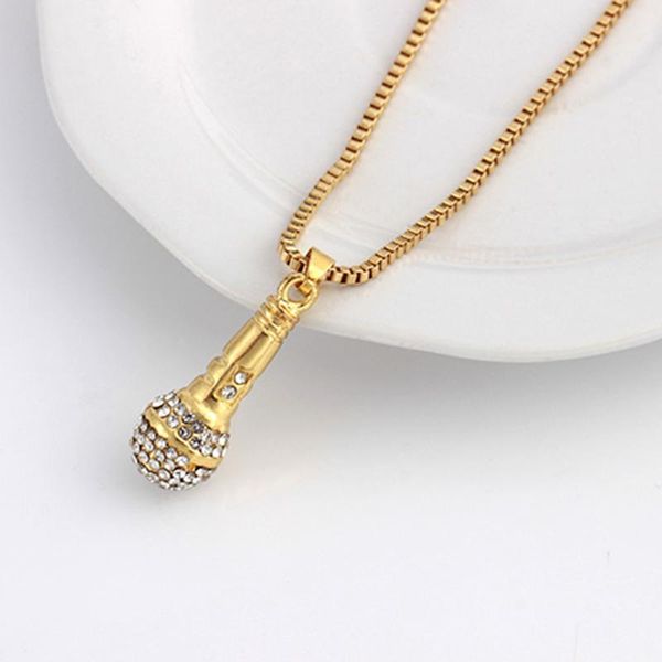 

chain necklace music microphone pendant men/women crystal alloy gold color rhinestone friend jewelry hip hop, Silver