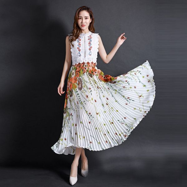 

flower sky summer chiffon floral printed female new fashion vintage pleated skirt women long maxi party skirts womens, Black
