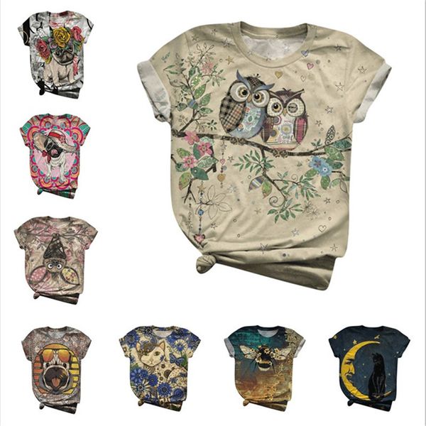 

2020 summer women t-shirts new design 3d animal dog birds print o-neck t-shirts plus size 3xl t-shirt tees mujer z0603, White