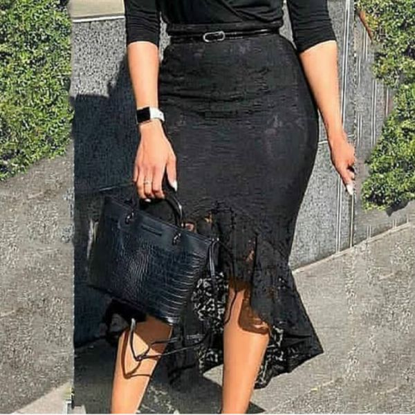 

skirts women black lace skirt high waist slim midi modest classy irregular length female package hip office elegant fashion