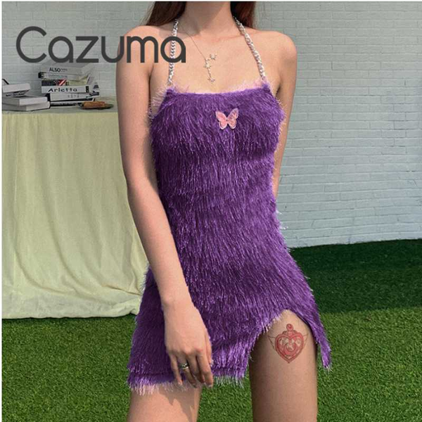 

cazuma brand lady mini dress elegant chain halter split seleeveless bandage backless party skirt dress, Black;gray