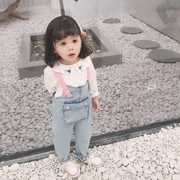 

girlsdenim suspender sling shirt sling suit 2019 autumn fashion light color denim suspender base shirt two-piece suit fashionable