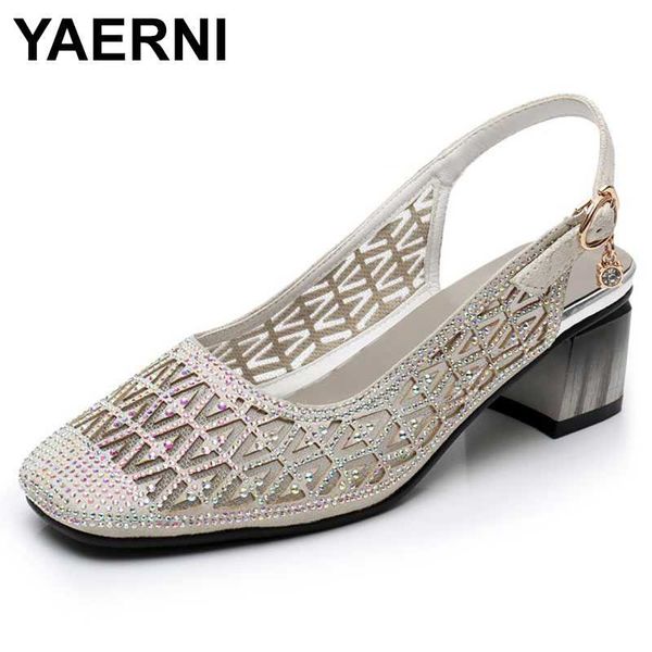 

sandals yaerni summer for women square toe crystal mesh cutout hollow out fashion shoes heel buckle shoe slingback, Black