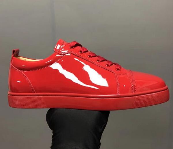 

new designer 3 colors red patent leather low cut lace flats shoes red bottom for men and women sneakers party designer leisure couple shoes, Black