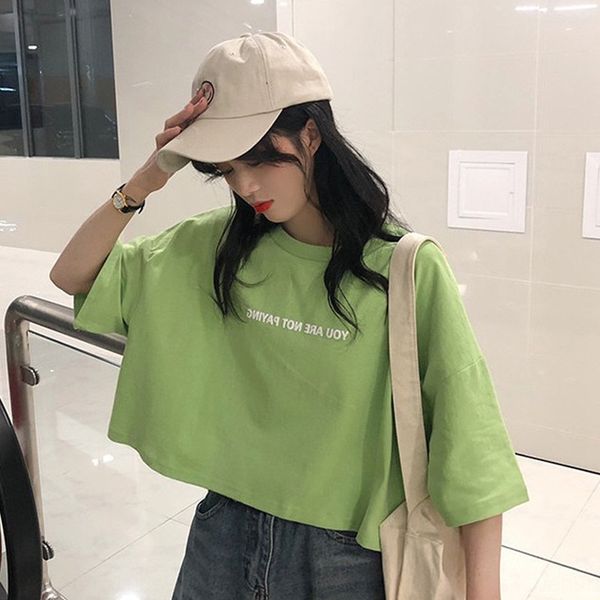 

100 cotton 2020 new green t-shirt versatile cotton short-sleeved t-shirt women's ins super short fashion, White