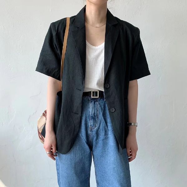 

suit collar women blazer cotton linen solid single breasted jacket minimalist 2020 new summer short sleeve autumn button, White;black