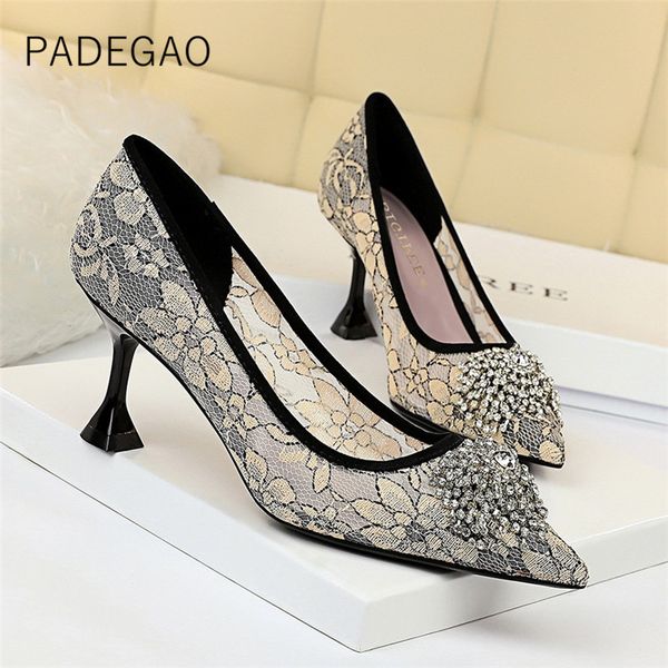

2020 women shoes lace crystal luxury high-heeled fashion casual party women's shoes, Black