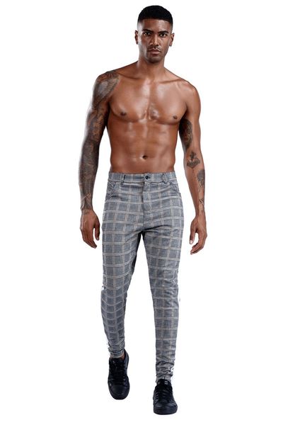 

mens plaid fashion pencil pants men spring patchwork slim mid waist contrast color pant man high fashion trousers, Black