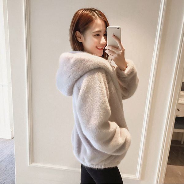 

women's fur & faux 2021 coat with hood high fashion slim waist black red pink fake jacket
