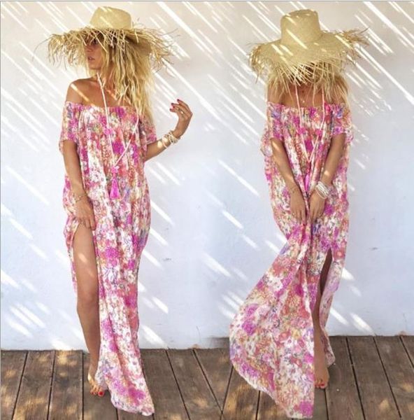 

цветочный printed платье лето разделить одно плеча пляжа богемского платье шифонового отдых женской одежду женская дизайнер, Black;gray