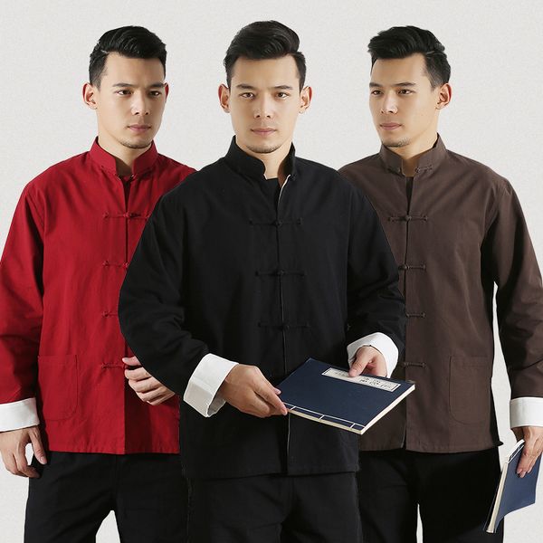 

men's jackets autumn 100%cotton chinese traditional men long sleeve jacket coat brand designer tai chi uniform clothing m-4xl, Black;brown