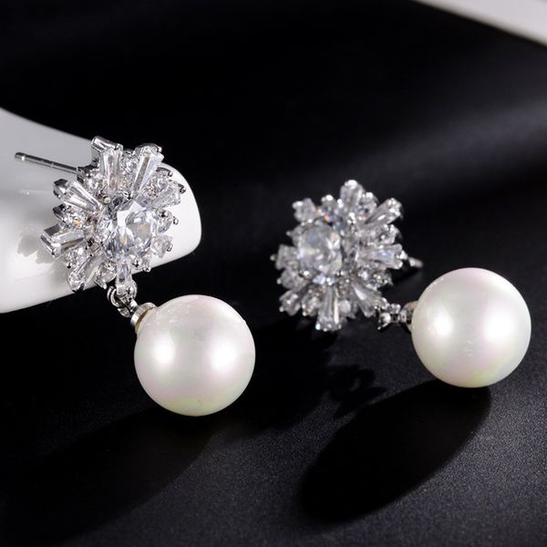 

classic women drop earrings simulated white pearl cute snow flower bow knot earrings female brincos statement fashion jewelry, Silver