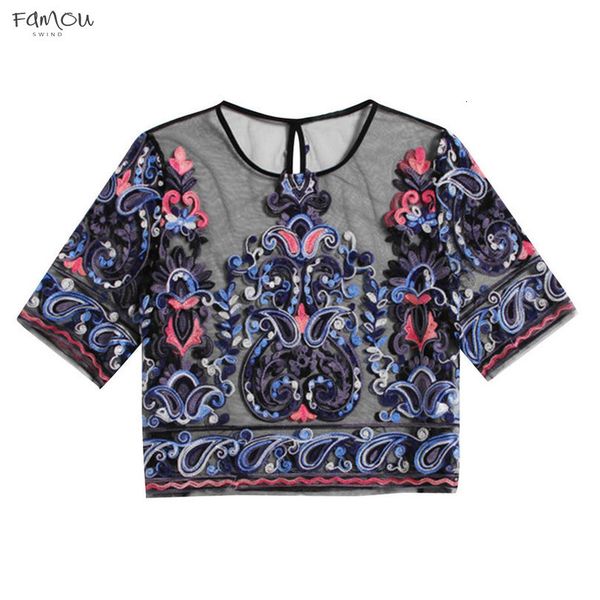 

summer embroidery see through shirt womens short sleeve mesh shorts blouse ladies loose casual crop camisetas mujer pt, White
