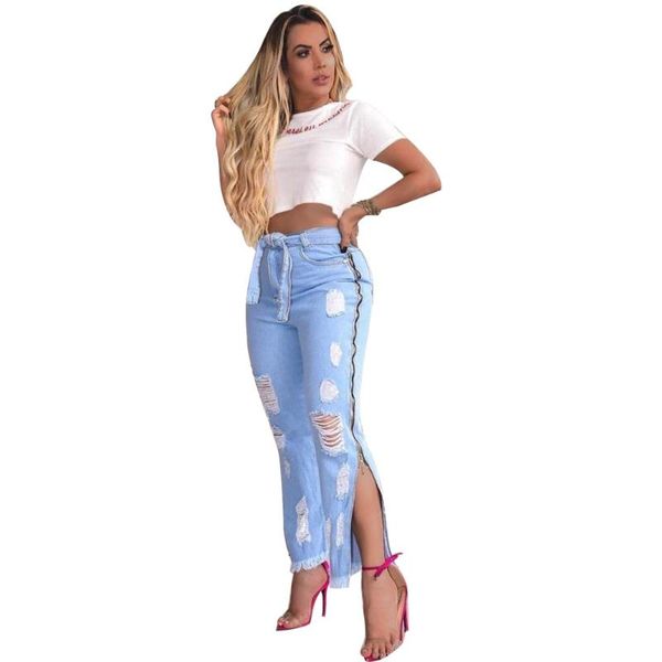 

women's jeans adogirl fashion women zipper side split ripped hole high waist flare denim pants skinny trousers casual streetwear, Blue