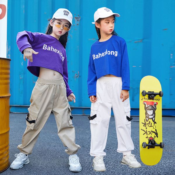 

kid hip hop sweatshirt crop long sleeve shirt tactical cargo pants clothing for girls jazz dance costume clothes street wear, Black;red