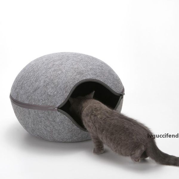 

egg shape dog cat beds cat sleeping bag zipper felt cloth winter warm pet house all around cat nest with detachable cushion mats t200618