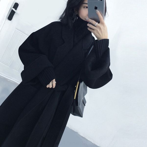 

off-season double-sided cashmere women's lengthened over-knee coat wool bathrobe wool woolen coat loose profile bathrobe lace-up, Black