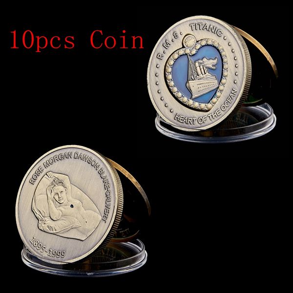 

10PCS Titanic 1912 RMS Bronze Plated Heart Of Ocean Blue Diamond Medal Souvenir Coin