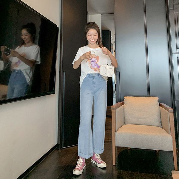 

women jeans pants leisure loose high waist vintage straight wide leg jeans women jean korean style all-match simple full-length, Blue