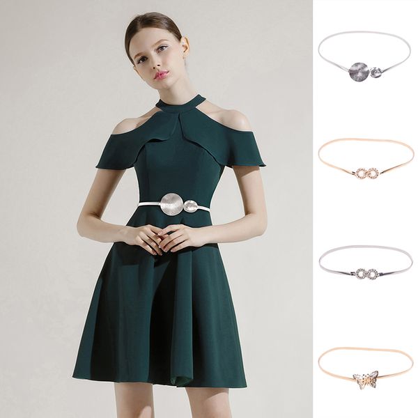 

flower leaf shape belts for women double round buckle elastic girls stretch skinny waist belt metal female belt, Black;brown