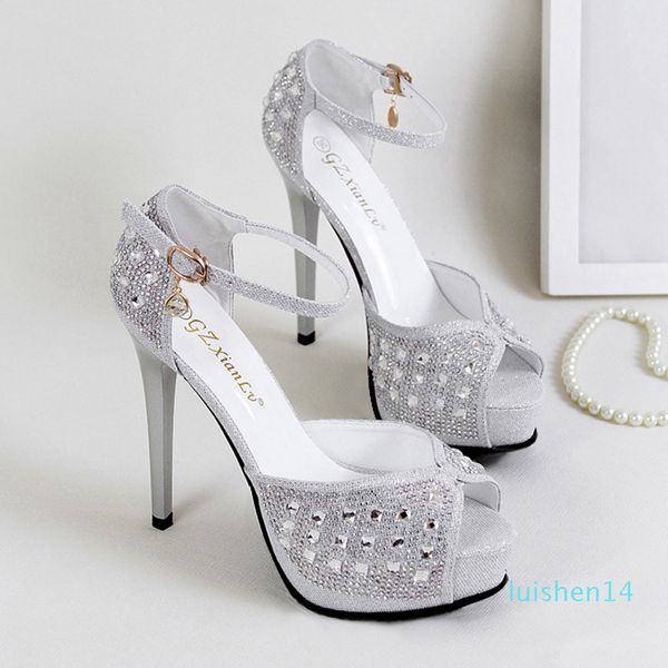 

12cm glitter crystal rhinestone silver ankle strap high heels platform pumps bride bridesmaid wedding shoes size 34 to 39 l14, Black