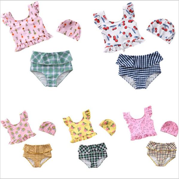 Baby Girls Swimsuits Bikini Conjuntos Kids Ruffle Tops Shorts Swim Caps Swimwear Swimwear Ternos De Banho Preenchido Quantos Listrado Duas Peças Beachwear B7606