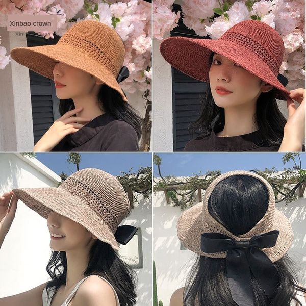 

knitted empty butterfly straw female korean summer travel sunscreen bowknot straw hat foldable beach big edge sun hat, Blue;gray