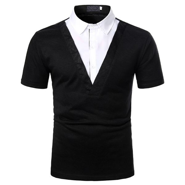 

mens polo fake two pieces lapel neck short sleeve men polos casual teenager casual loose mature tees, White;black