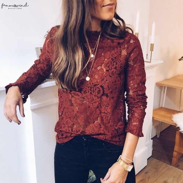 

women long sleeve shirt ladies hollow out flowers women lace blouses femme shirt mesh see through blouses, White