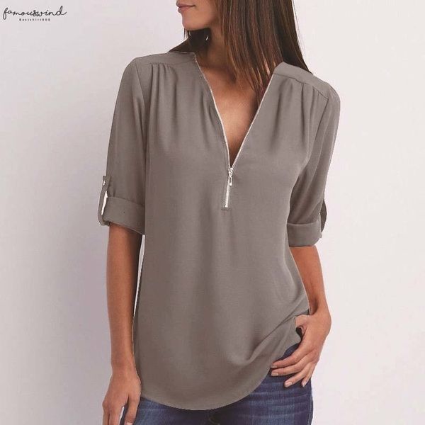 

zipper short sleeve women shirts v neck solid womens blouses casual tee shirts female clothes plus size, White