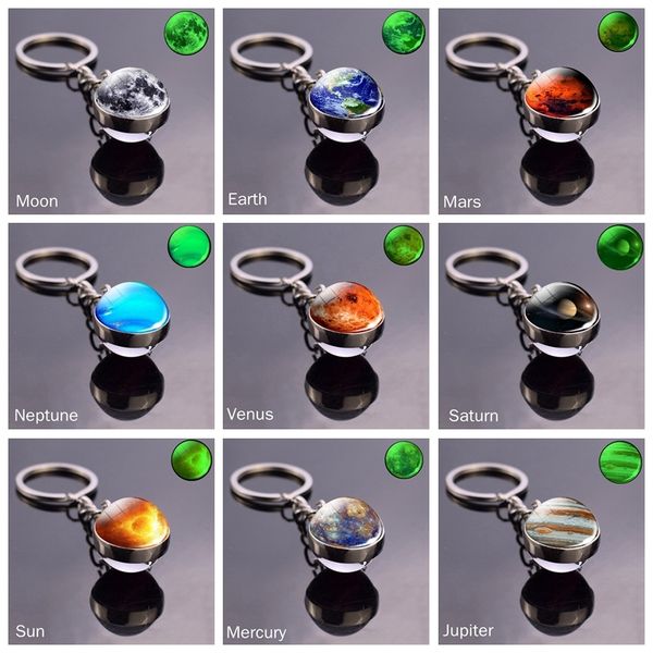 

solar system glow in the dark moon double side glass ball key chain planet galaxy nebula earth sun mars jupiter saturn keyring, Silver