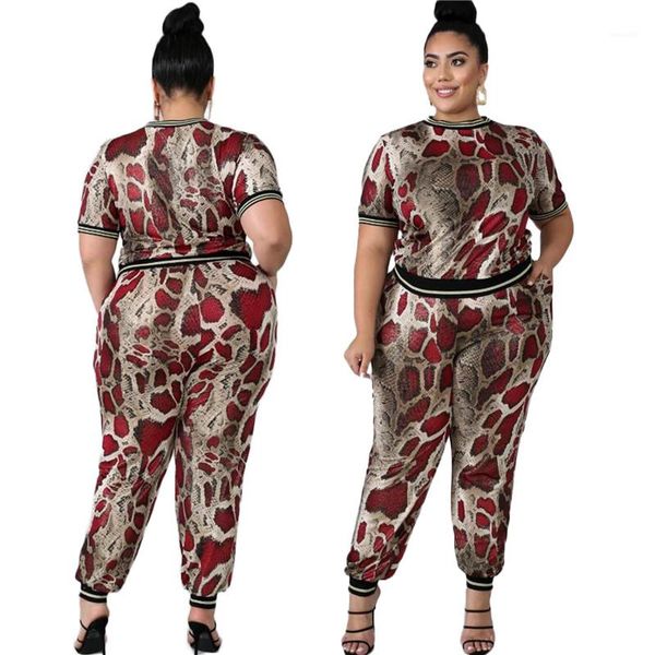 

fashion snake pattern short sleeve o neck 2pcs new women summer suits women plus size two piece sets, White