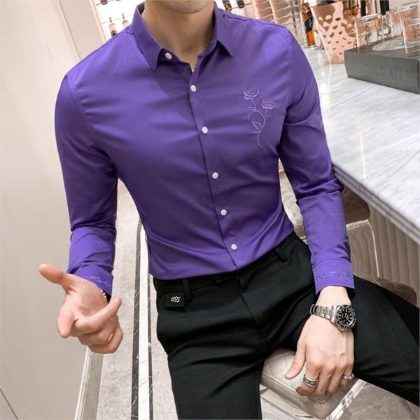 

fashion 2020 tuxedo shirt men autumn new rose embroidery mens dress shirts long sleeve purple slim fit formal wear blouse homme, White;black
