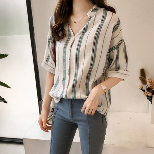 

сыпучие v-образным вырезом блузки с коротким рукавом vintage повседневная tops женщины полосатый печати блузка rk, White