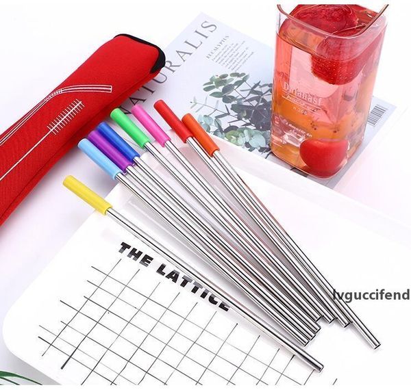 

outdoor metal straws reusable stainless steel straw set bent straws with brush set with silicone cover kitchen bar drinking straw lxl1250a