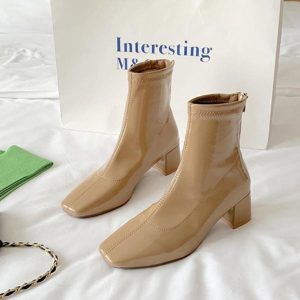 

2020 autumn women elegant boots bright leather pointed toes ankle boots female high heel white slip on for women, Black