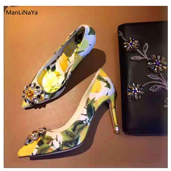 

дизайн runway женщины brand партия свадебная обувь атласная печать лимонный женщина насосы смешанных цветов кристалл пряжка цветок женщина в, Black