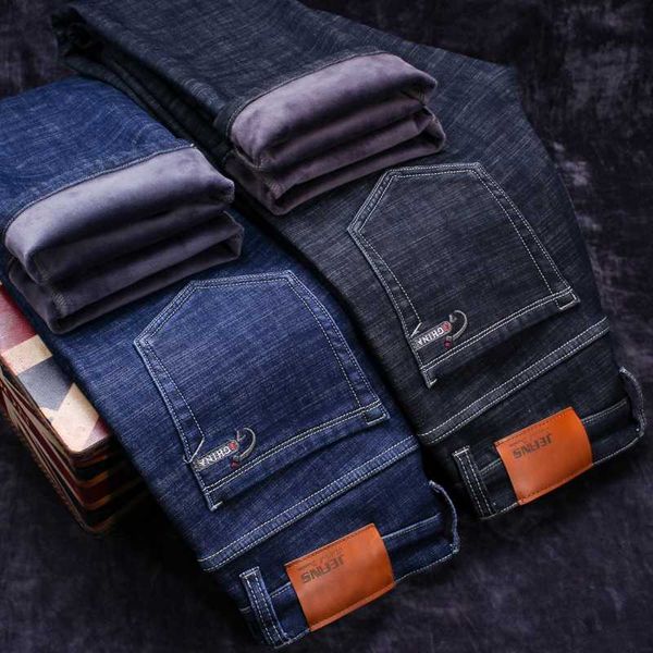 

2020 winter new men's warm black jeans elasticity slim fit thicken denim pants casual trousers male bule big size 38 40 42 44 46, Blue